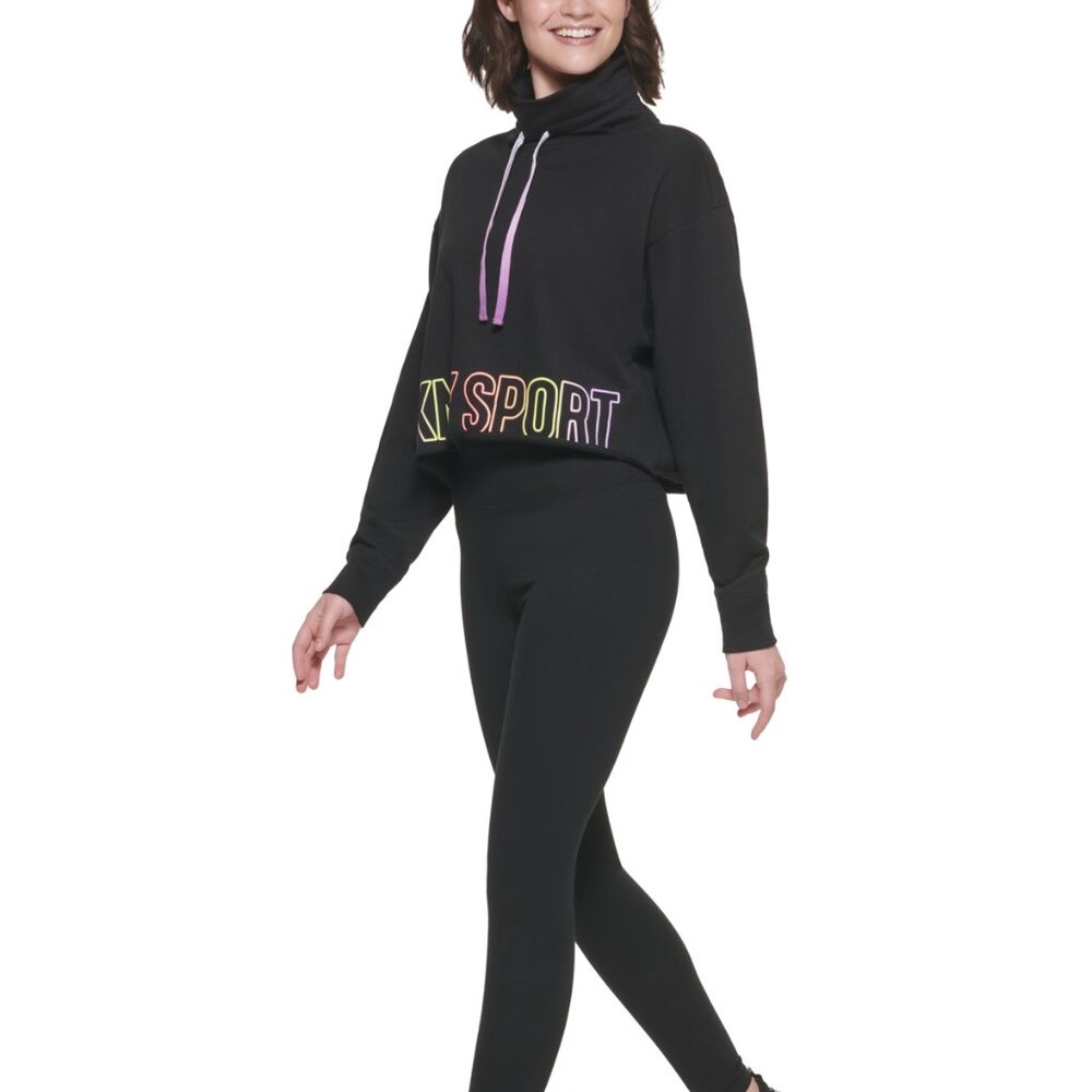 NWT DKNY Sport Women's Ombre Logo Funnel-Neck Pullover Black Size M $60 JK688